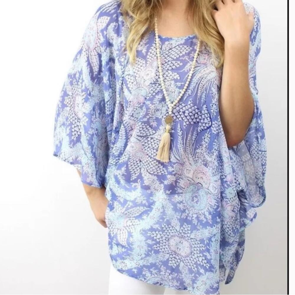 Show Me Your Mumu Moon Tunic Top XS Blue Purple Tunic Sheer Boho Kimono Sleeve